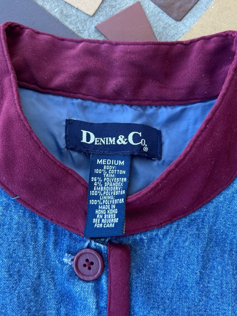 Vintage Granny Core Denim&Co Blue Embroidered Denim Jacket with Burgundy Trim - Picture 3 of 6